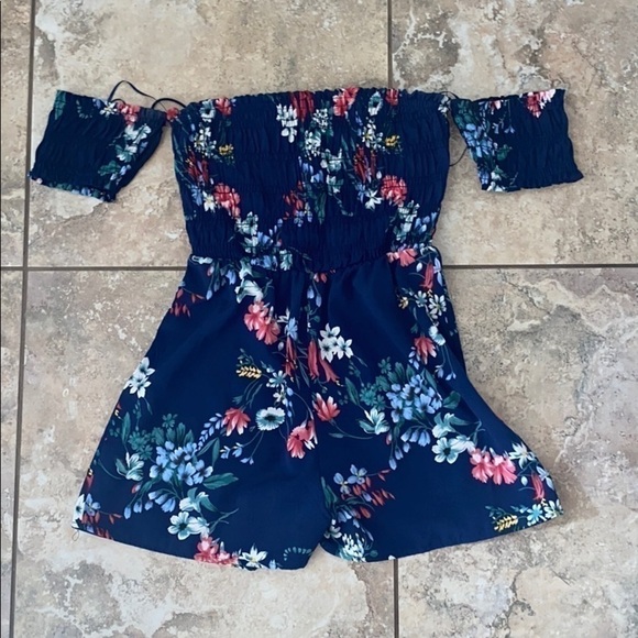 Sienna Sky Pants - Navy floral off the shoulder romper